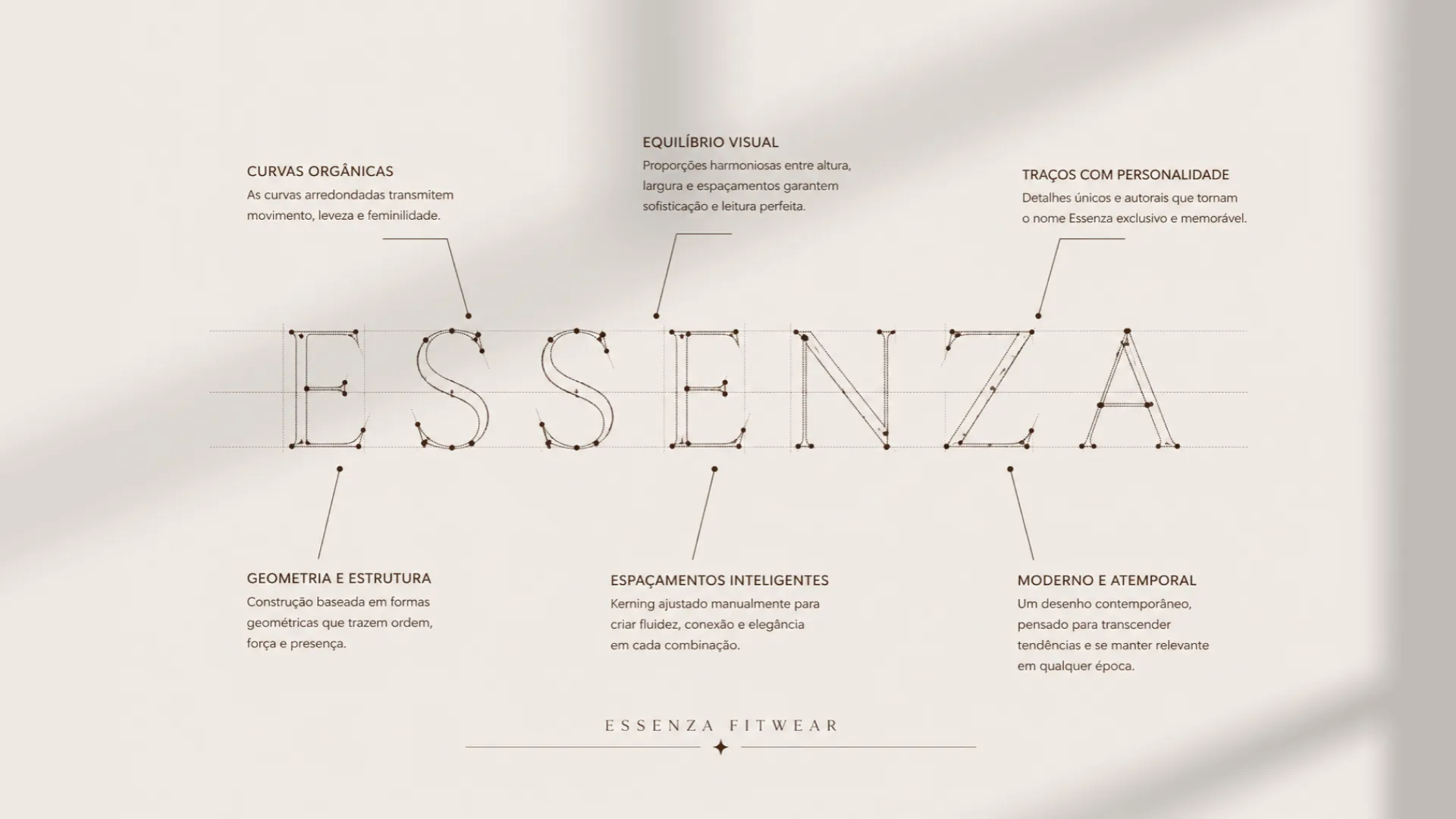 Construção do logotipo ESSENZA com anotações de espaçamento e geometria