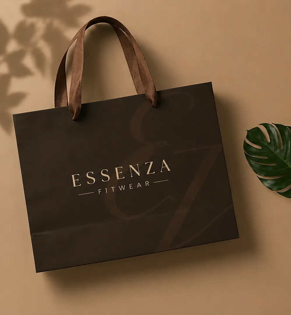 Sacola preta com o logotipo Essenza Fitwear