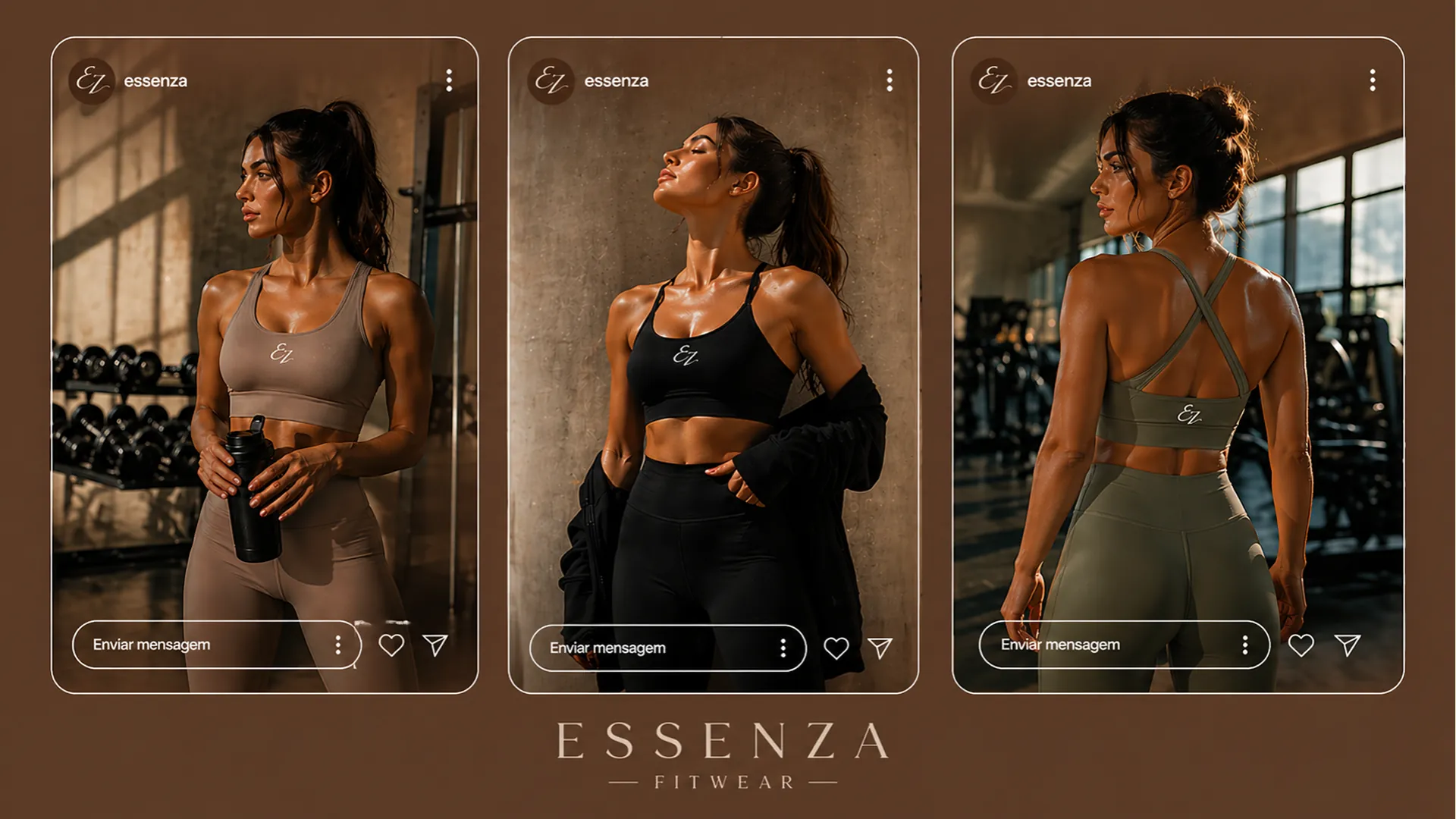 Três stories do Instagram da Essenza com modelos na academia