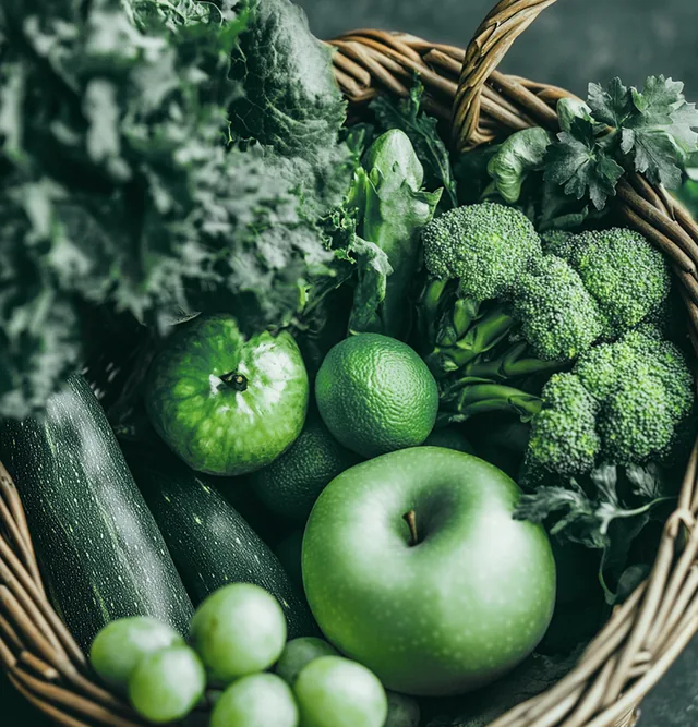 Cesta com maçãs verdes, brócolis e outros vegetais frescos