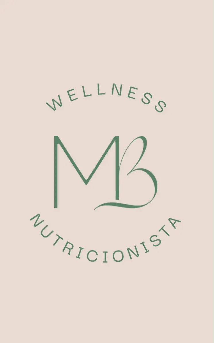 Selo circular com o monograma MB e as palavras Wellness e Nutricionista