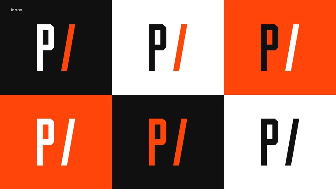 Monograma P/ aplicado em seis combinações de preto, branco e laranja